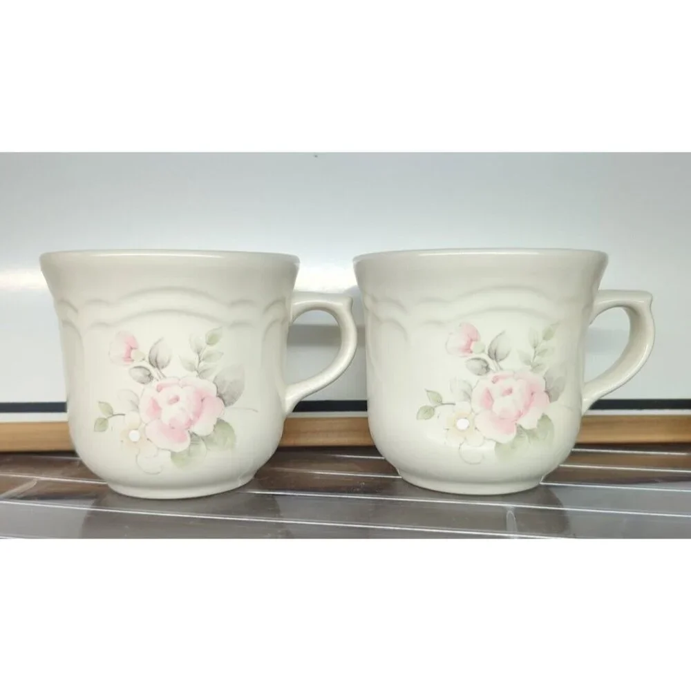 2 Pfaltzgraff Tea Rose Flat Coffee Mugs Tea Cups Made In USA cottage pink flower